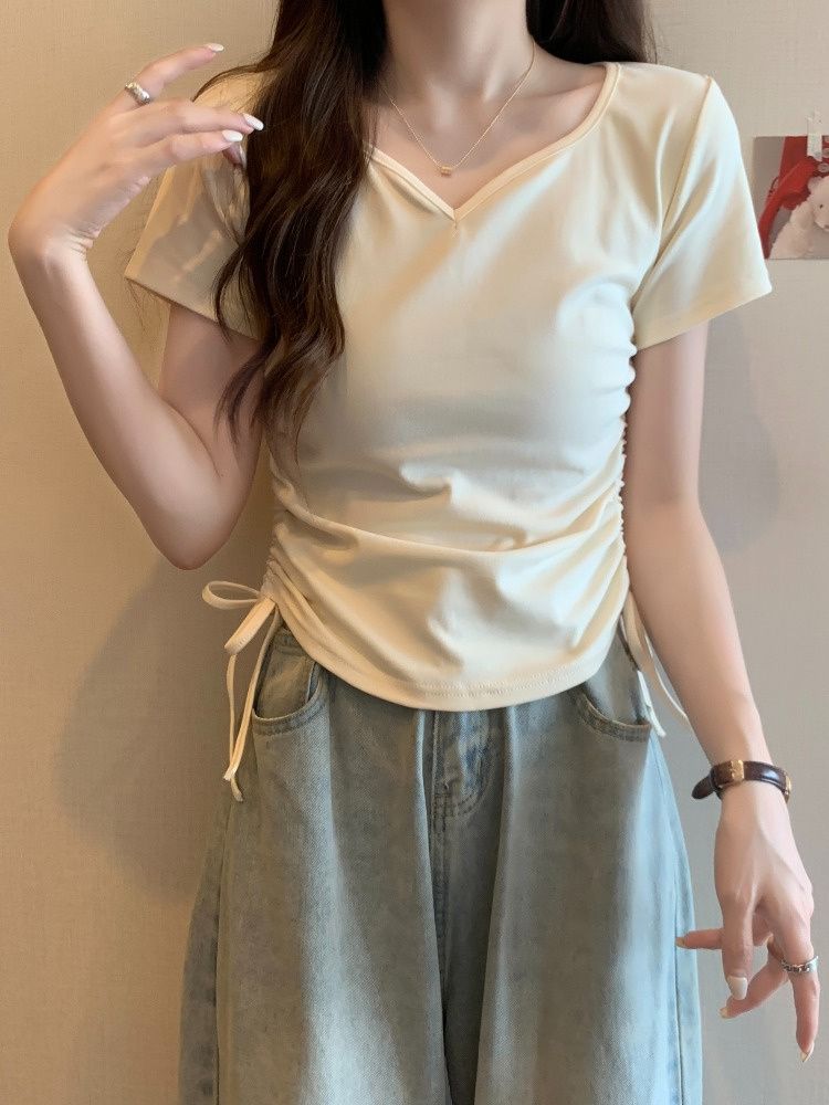 1*1 Modal summer short pleated V-neck short-sleeved T-shirt for women Korean style fashionable slim and slim shoulder-colored top