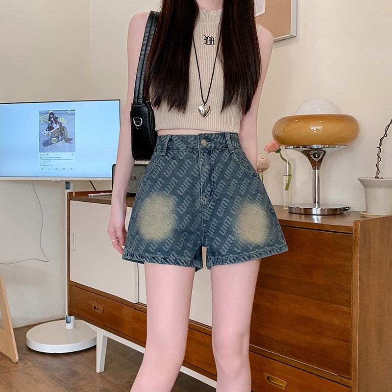 Real photo of letter printed high-waist denim shorts for women in summer new versatile A-line loose wide-leg hot pants