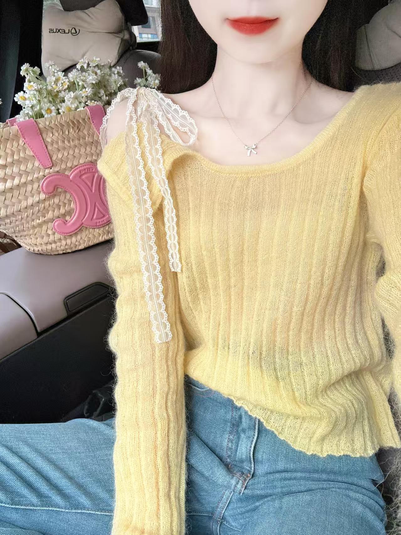New gentle design sensual sexy shoulder-slippery knitted lace streamer spring top