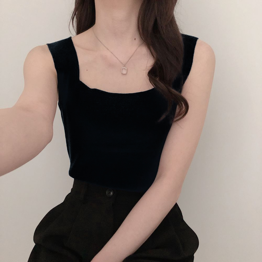 胖mm 韓版chic性感方形冰絲無袖針織短款打底套頭小吊帶背心純色