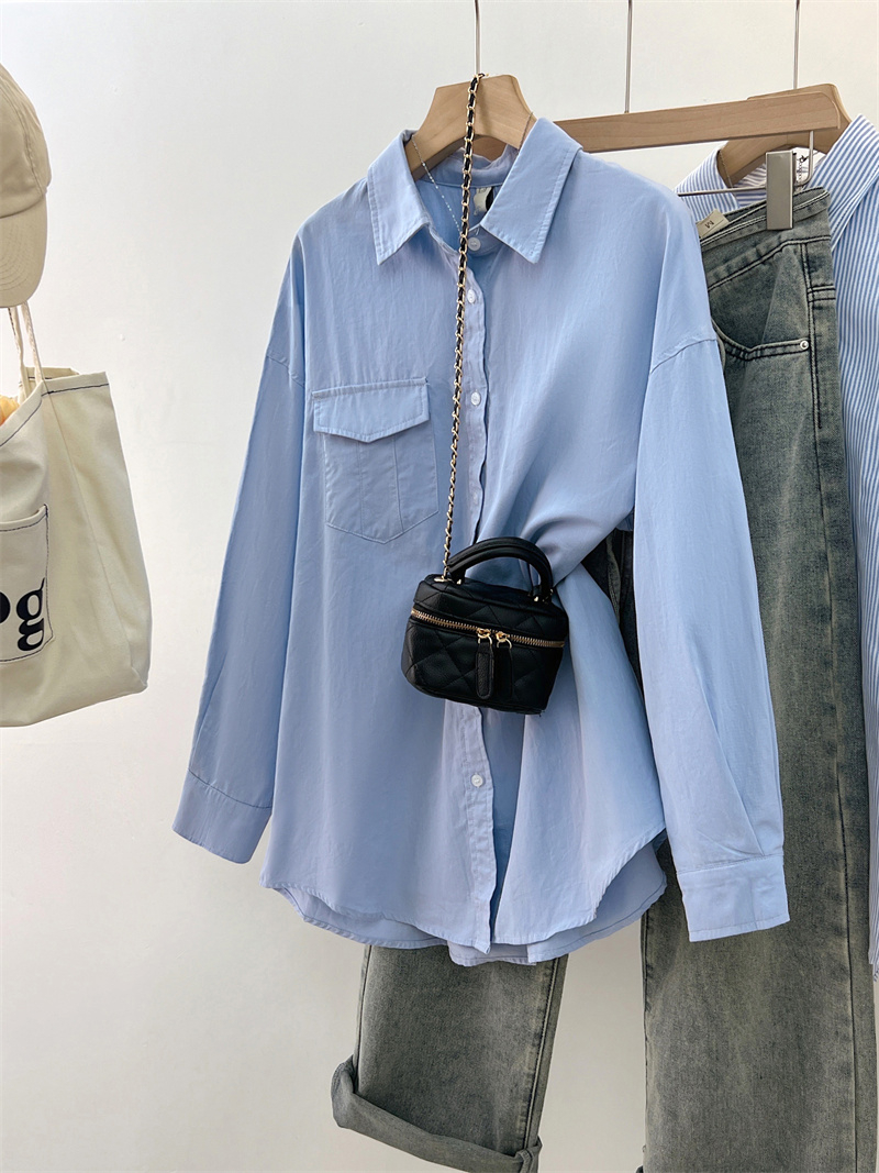 Casual blue shirt 2025 spring new high-end design niche loose shirt women's coat French top
