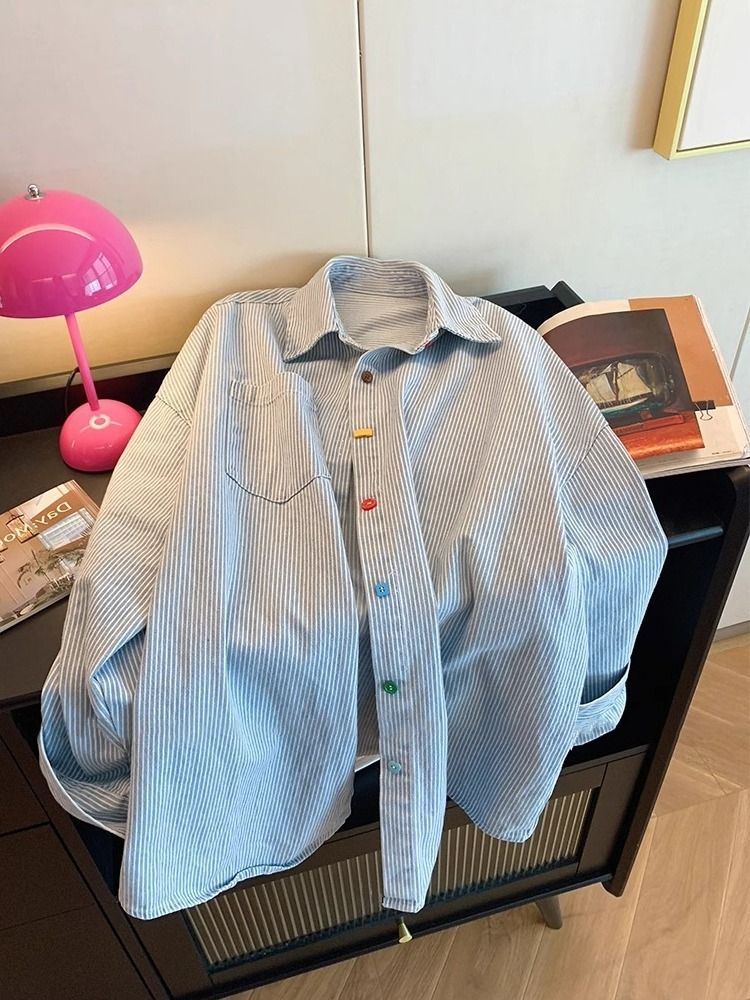 Korean fresh and age-reducing contrasting striped shirts for men and women in spring and autumn, special color button casual shirts