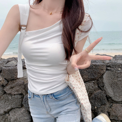 Real shot 1*1 thread 210g short-sleeved T-shirt 2025 summer tide collar off-shoulder slim solid color Korean women's top