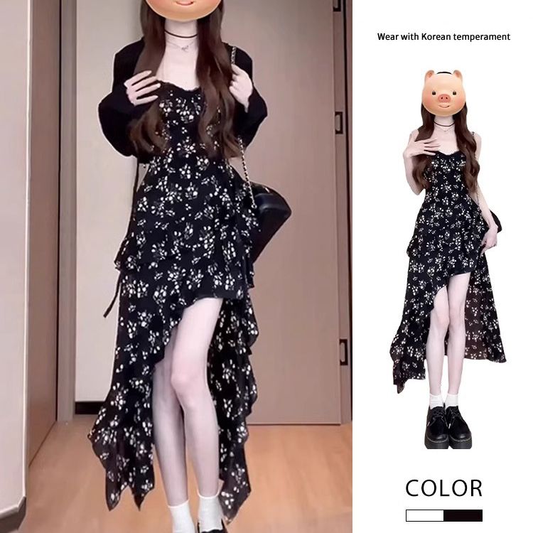 French temperament irregular long skirt 2025 new early spring cold black floral suspender dress for women