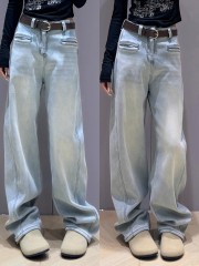 Light-colored washing denim wide-leg pants for women 2025 spring new loose slim straight-leg casual and versatile floor pants