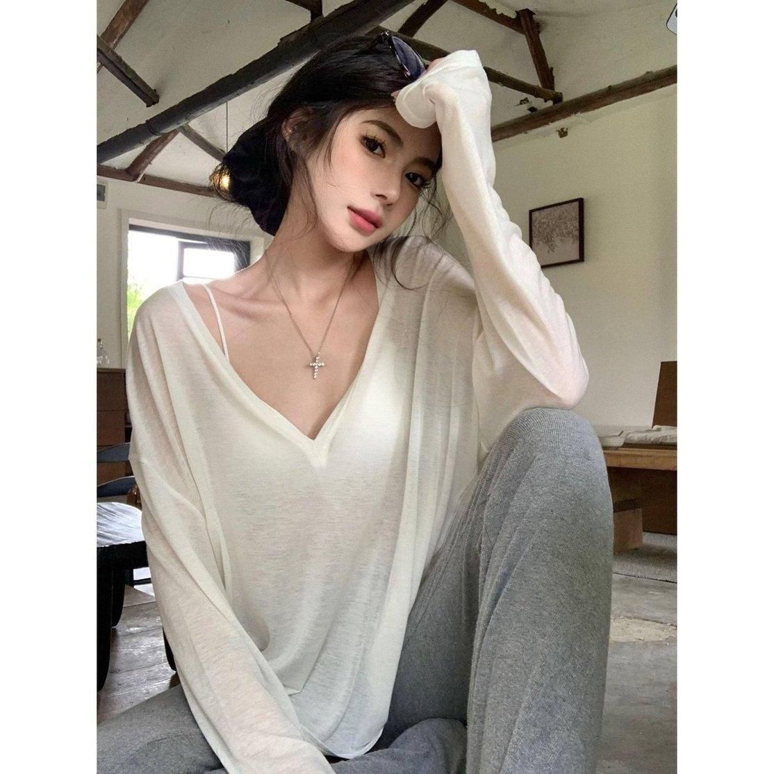 Bamboo joint thread, lazy breeze, lightly translucent long-sleeved T-shirt for women in spring and autumn, loose slim casual sunscreen shirt base shirt