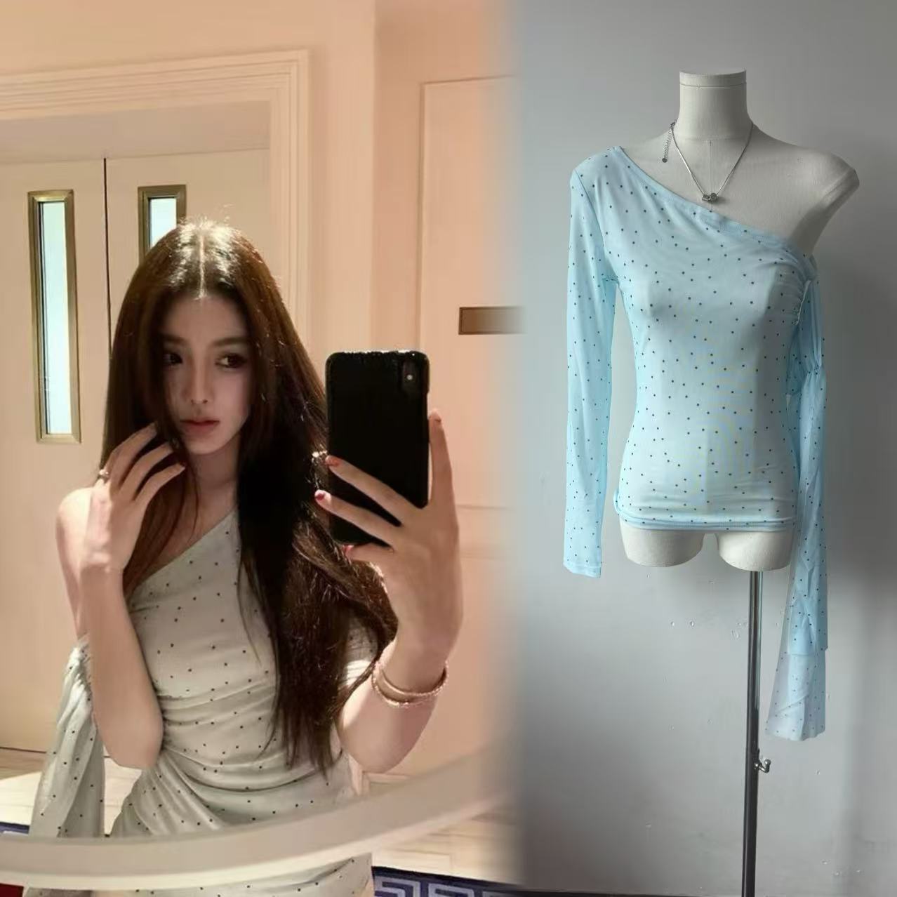 OKMASHOP slanted shoulder top for women in spring slim fit inner bottoming shirt pure sexy polka dot off-shoulder long-sleeved T-shirt