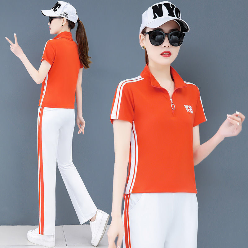 Casual sports suit for women standing collar short sleeves 2025 new summer fashion age-reducing straight pants high-end two-piece set
