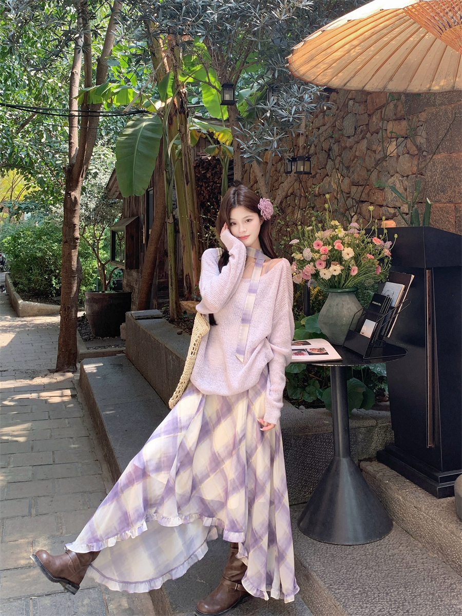 Real shot of the new irregular purple suspender dress set two-piece set