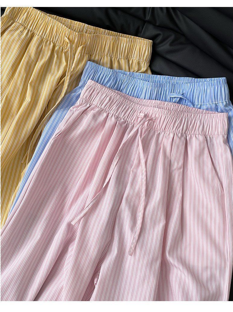 Blue lazy style vertical striped casual pants for women in summer Korean style straight wide-leg pants high-end floor-sliding trousers