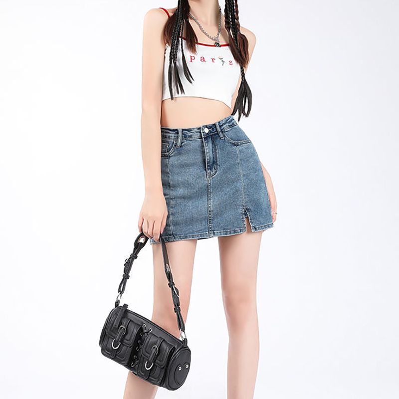 復古百搭高腰開叉牛仔短裙女夏季新款設計感彈力修身顯瘦包臀裙子