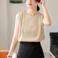 French style satin round neck sleeveless top for women in summer design niche shoulder pad T-shirt vest versatile shirt