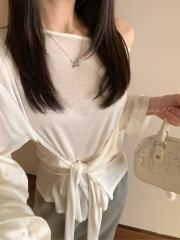 e go studio Tensi tether strap casual loose T-shirt new off-shoulder design sun protection long-sleeved top