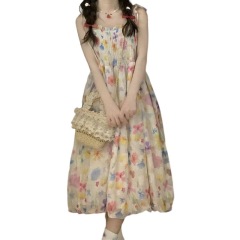 French pleated floral suspender dress suit for women's summer thin sunscreen cardigan fresh cute flower bud skirt