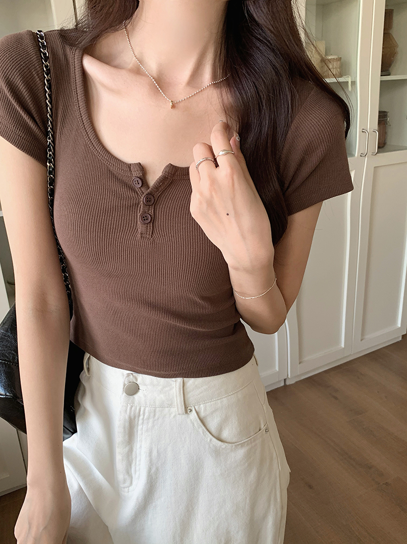 Real shot 2*2 threaded modal 260g women's summer 2025 slim and trendy shoulder short round neck top Korean women's clothing