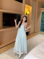 Lace spliced ​​striped suspender dress for women in summer vacation style sweet long skirt small loose a line skirt