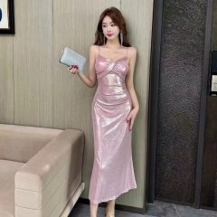 High-end sexy clavicle-exposed flash elastic suspender long dress pure and elegant slim dress
