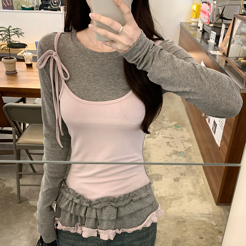 Real shot 1*1 thread 260g long-sleeved T-shirt women's 2025 early spring new fake two-piece base shirt round neck top