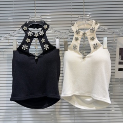 The same style as 2025 spring new style of celebrity style 2025 elegant socialite rhinestone flowers decoration backless solid color halter neck hanger vest