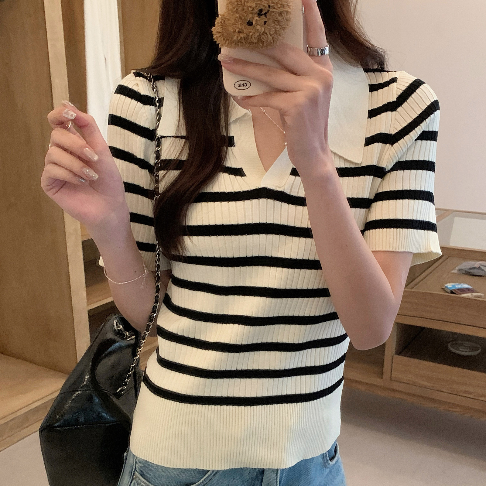 Real shot of ice-cold silk short-sleeved sweater summer 2025 short design striped slim lapel top Korean women's clothing