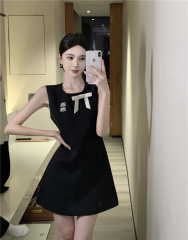 Real shot~ Royal sister style diamond-inlaid sleeveless bow waist-hugging dress for women's summer French round neck beaded small black skirt