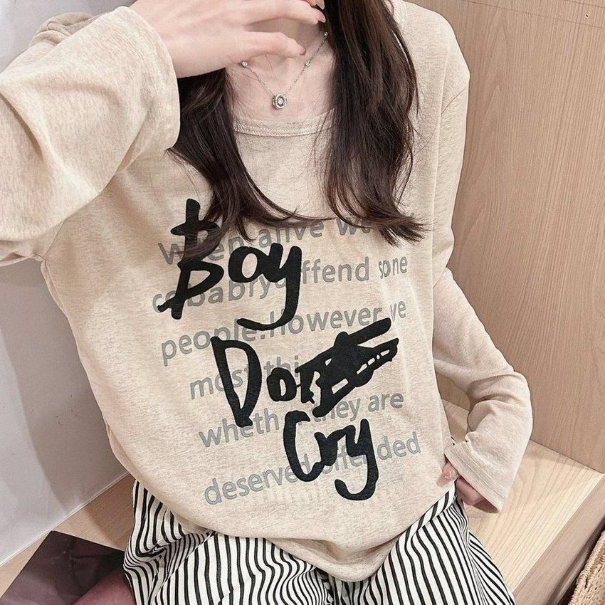 Bamboo thread, lazy style sunscreen T-shirt letter printing design, niche women's versatile loose khaki top