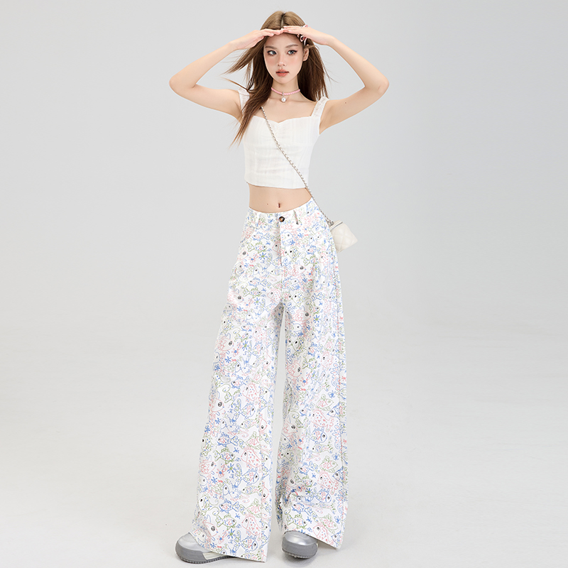 2025 spring and summer new printed fish graffiti Korean version high-waisted denim trousers for women casual loose wide-leg pants