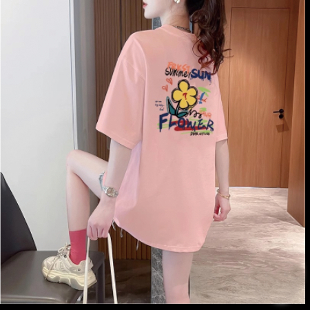 Loose shoulder-falling 200g pure cotton rear edge short-sleeved T-shirt printed