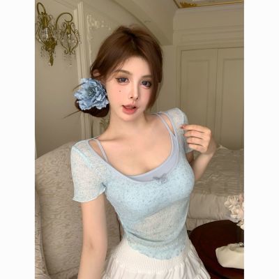 Cotton with chest pad suspender. Summer thin, slightly transparent blue short-sleeved top with two-piece set