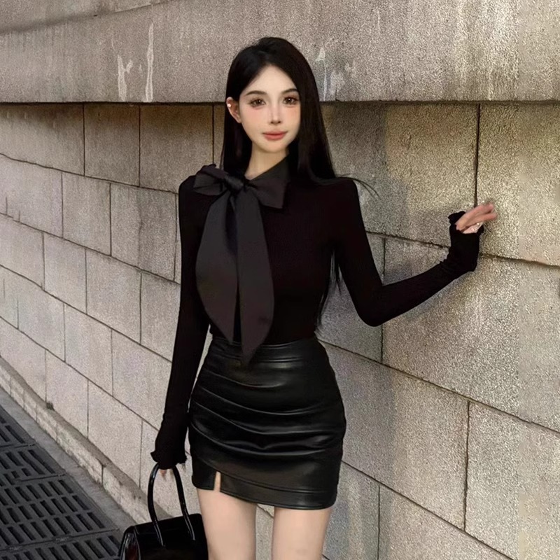 Official picture: Senior high-end style, bow top for women with autumn and winter temperament, slim OL base shirt, T-shirt underneath