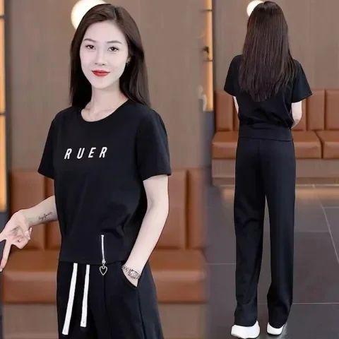 Summer Fashion Set 2025 New Super Slim Design Design Covering Short Sleeve Top Straight Pants Two-Piece Set