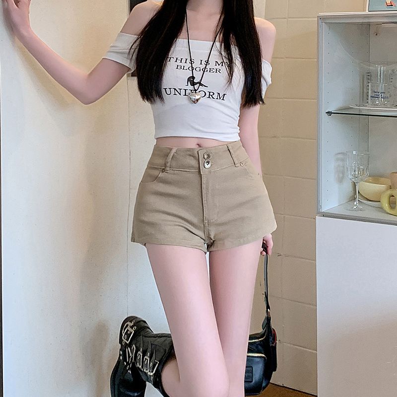 Real shot American hot girl high waist denim shorts women's khaki summer slim elastic hip hot pants