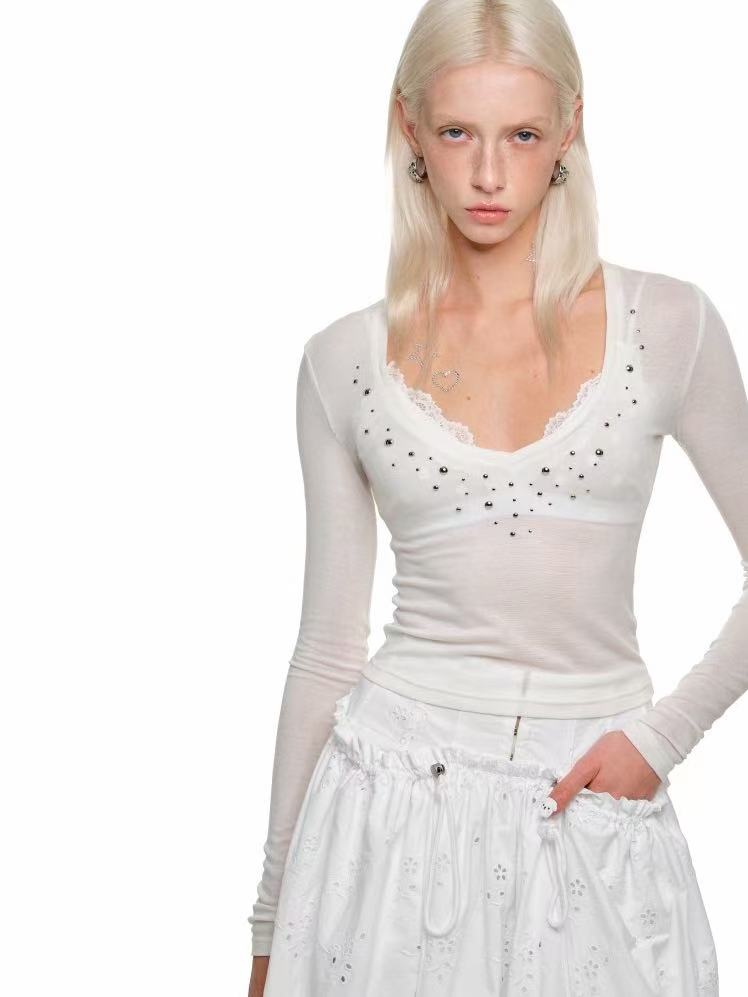 1JINN STUDIO Big V-neck rivet ironing diamond base shirt for women design long-sleeved T-shirt slim inner top