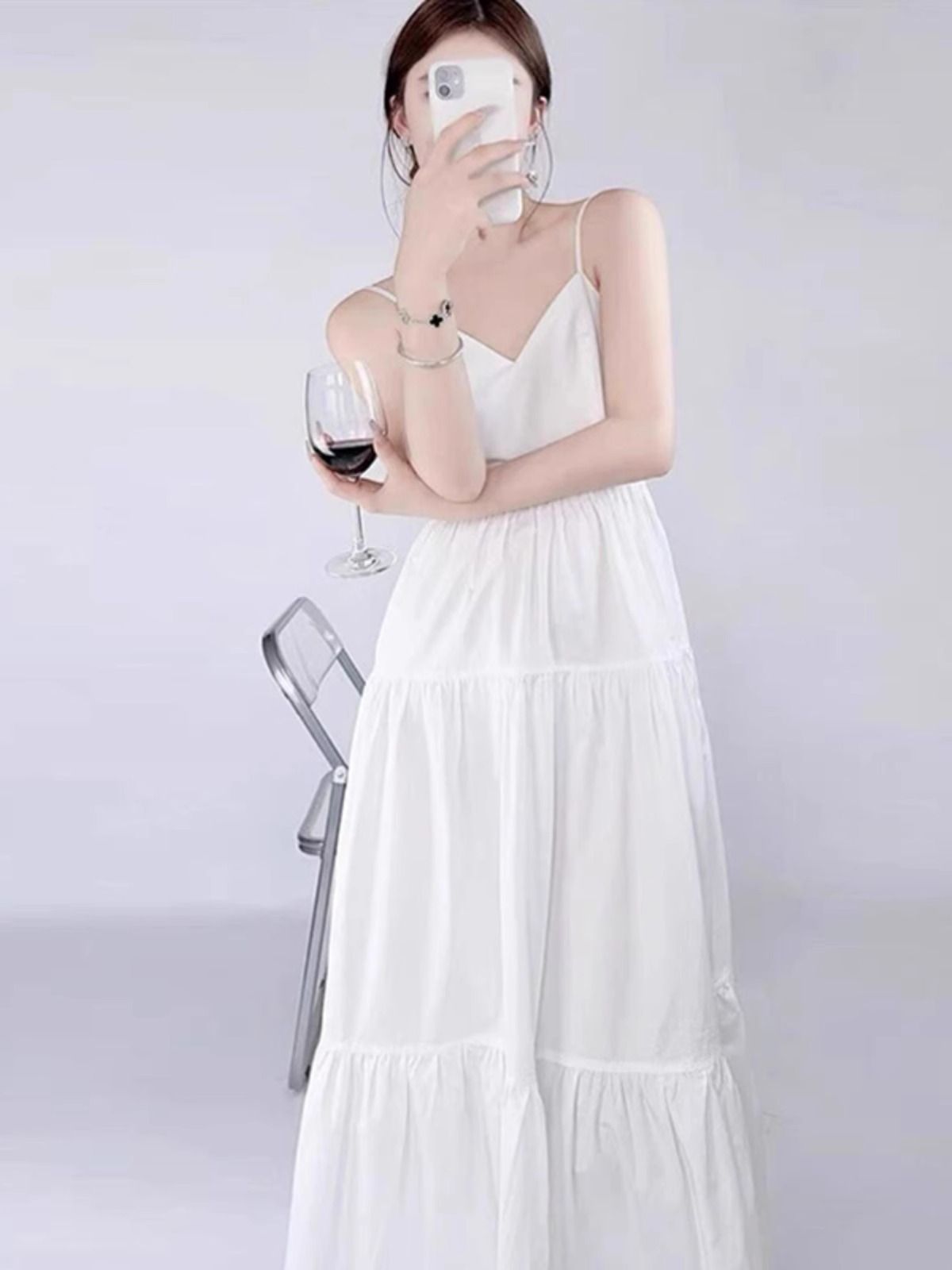 2025 summer Korean style mid-length fairy super fairy sweet white fresh sling long skirt for women