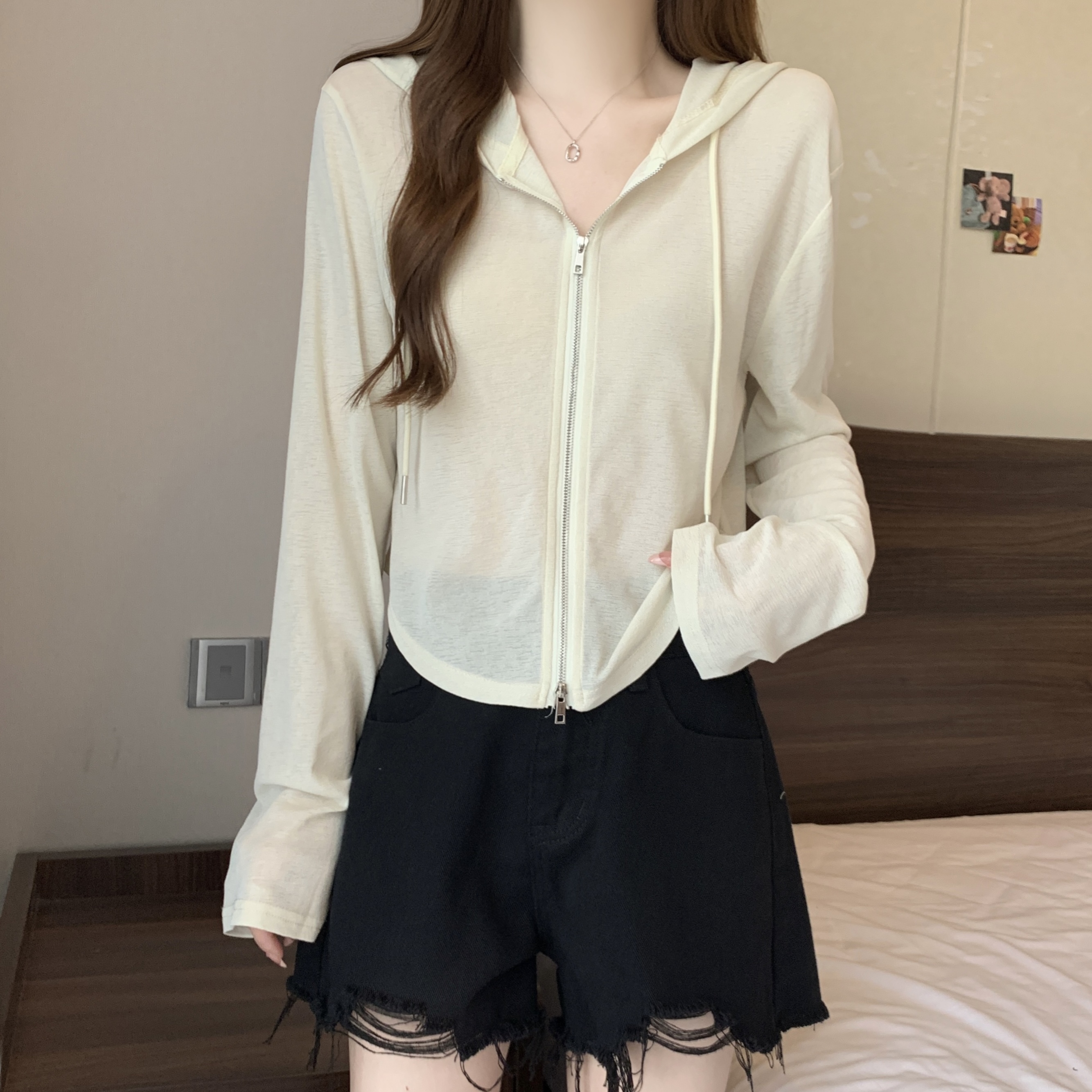 Real shot~Large size fat MM in summer slim fit, ultra-thin fabric comfortable and breathable hooded sunscreen top for women