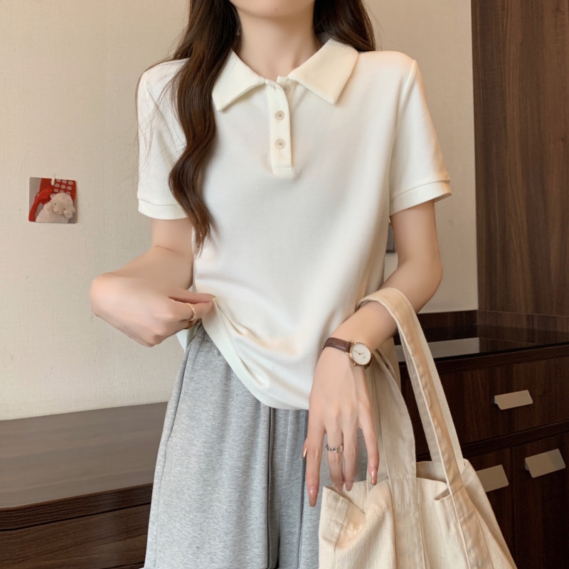 Real photo of 100% polyester summer polo collar short-sleeved T-shirt women's shirt top