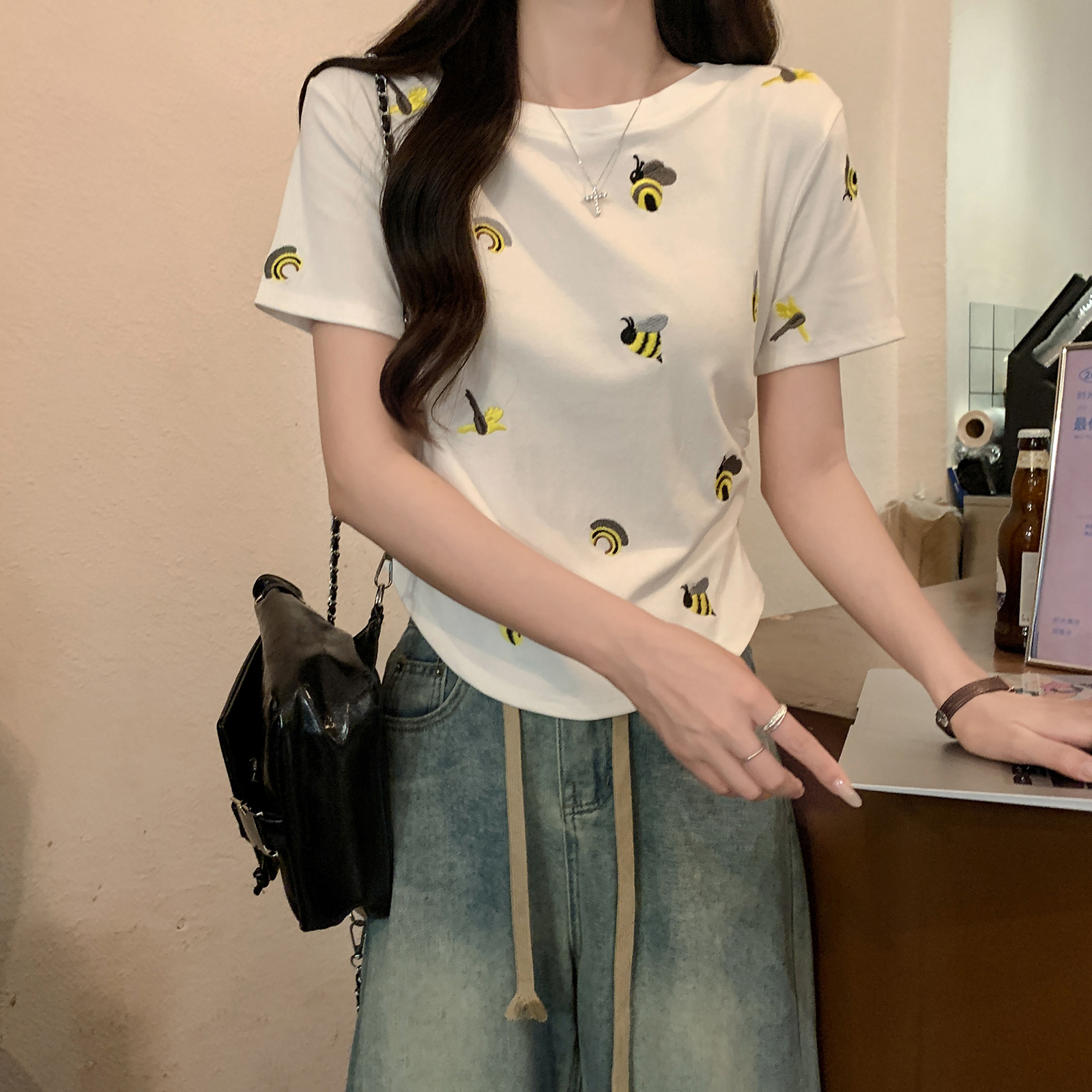 Real shot 1*1 thread 210g short-sleeved T-shirt summer 2025 trendy embroidered front shoulder slim short round neck top for women