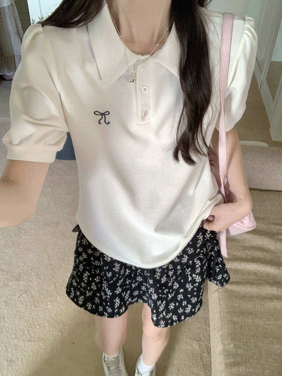 Real photo of pearl-ground doll collar bow embroidered short-sleeved T-shirt for women in summer loose slim Korean style half-sleeved top trendy