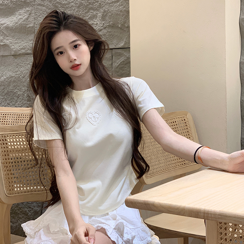 Real shot 1*1 thread 210g short-sleeved T-shirt summer 2025 raglan sleeve embroidered slim short round neck top for women