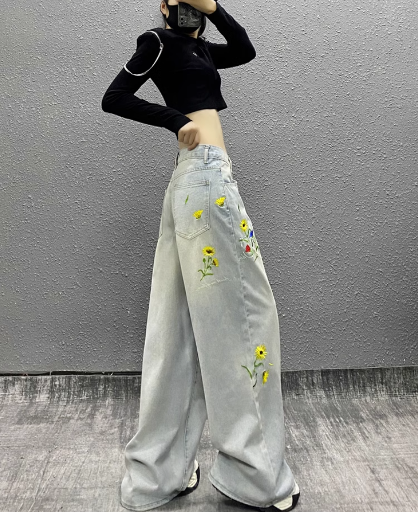 Embroidered washing droop jeans for women's spring new high-waist loose slim and versatile straight wide-leg floor-slim pants