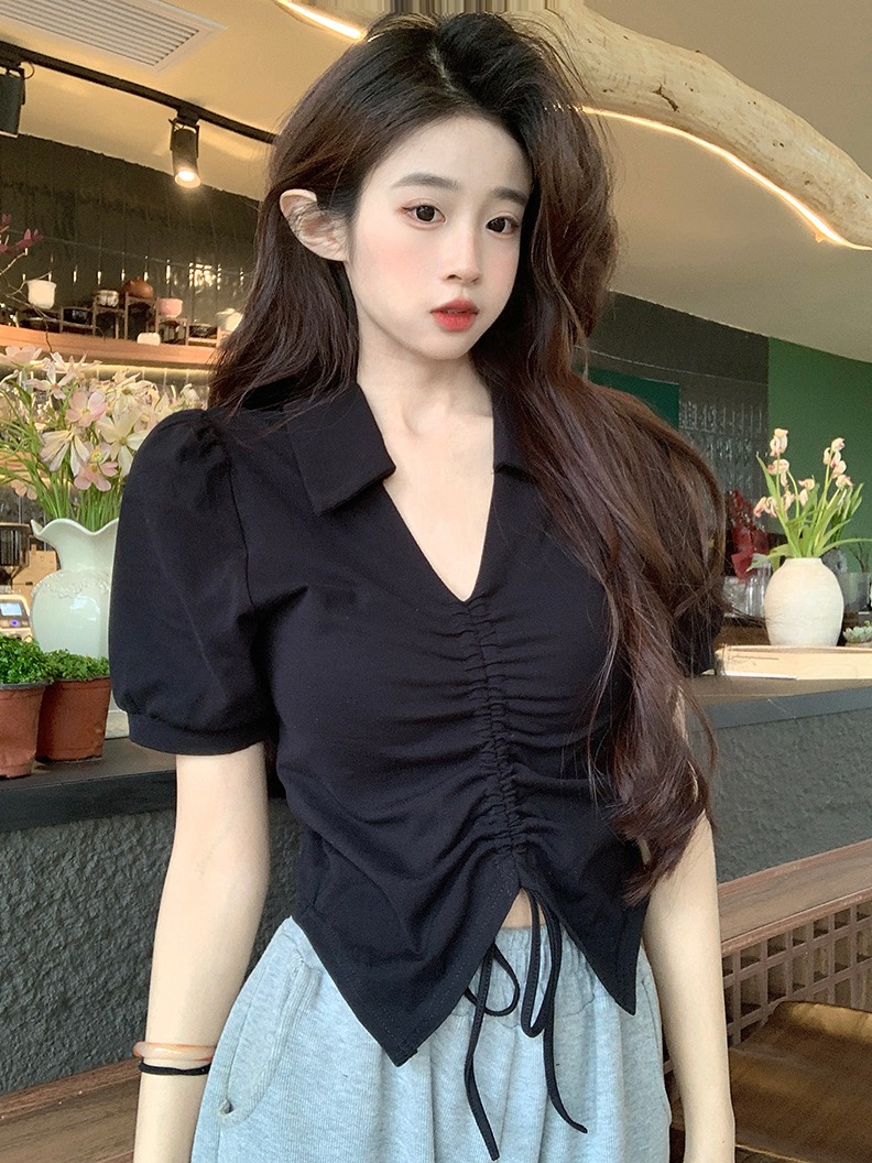 Real shot 1 to 1 thread 210g short-sleeved T-shirt 2025 pleated drawstring slim-fit shoulder lapel solid color women's top