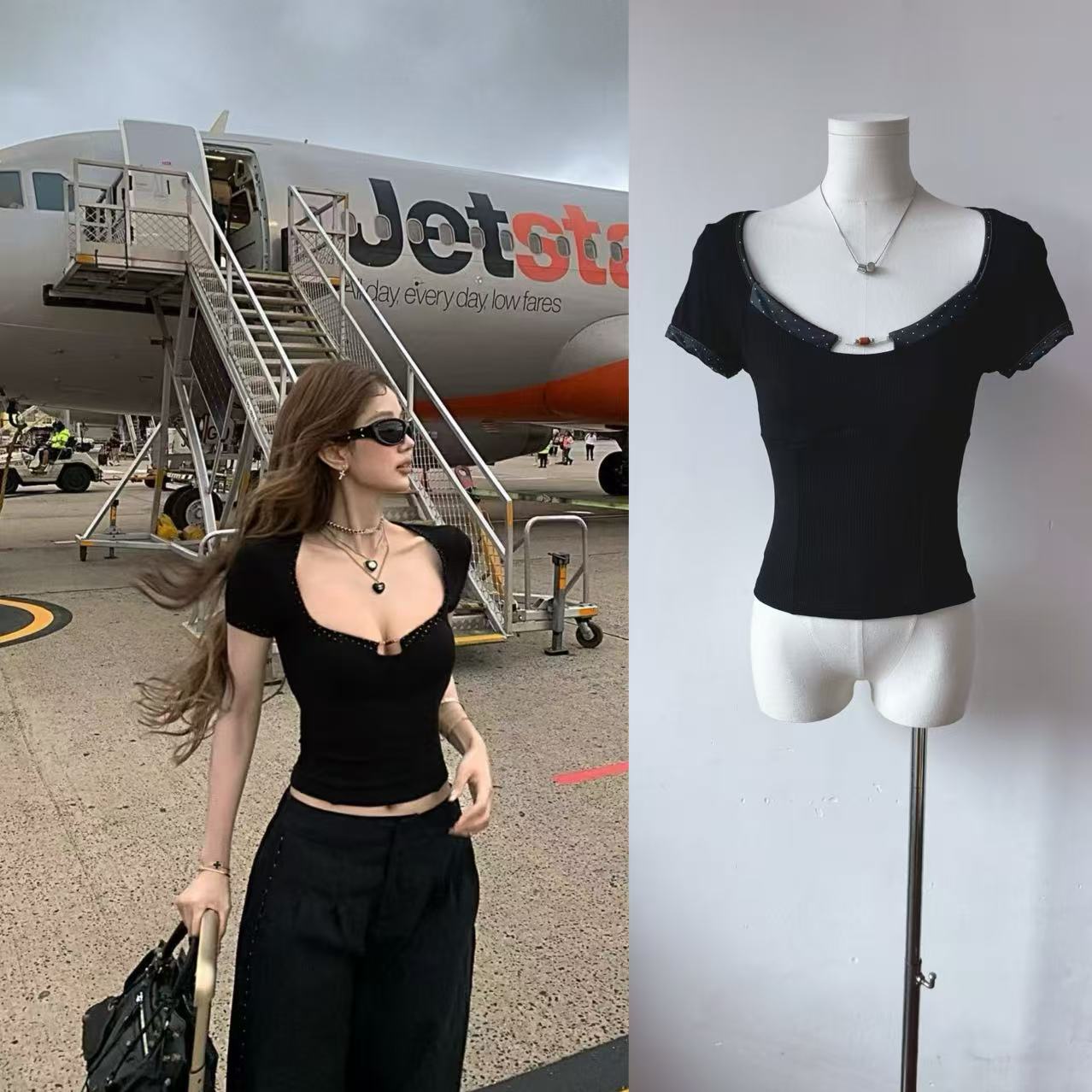 Tongiiuu Ni style sweet and spicy design hot girl knitted short-sleeved T-shirt for women with waist slim fit slim top spring