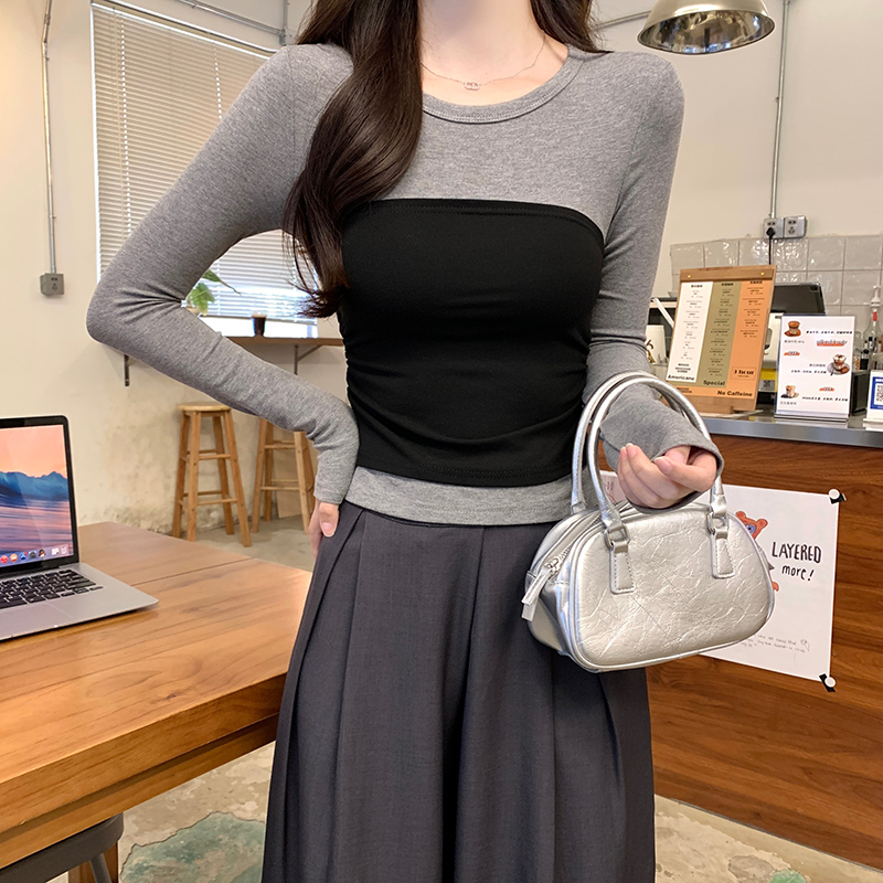 Real shot 260g thread long-sleeved T-shirt women's 2025 early spring new thin color-blocking slim base shirt round neck top