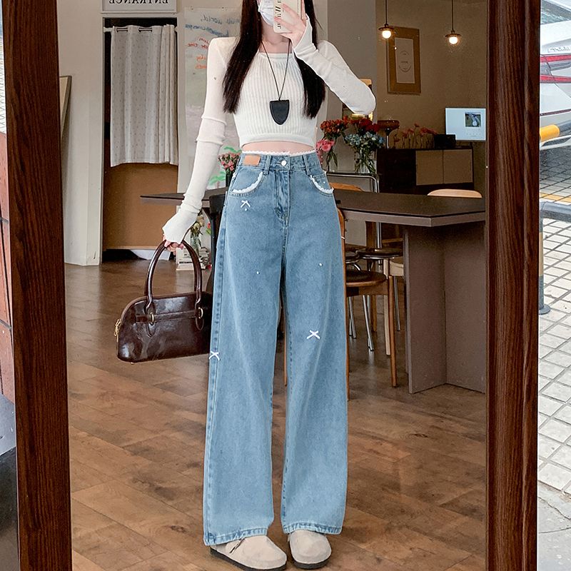 Real shot~ Lace spliced ​​bow jeans for women in spring design high waist straight loose wide-leg pants