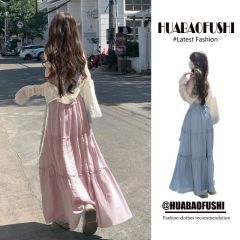 Set 2025 summer new Korean style dress for women's long-sleeved sunscreen blouse suspender dress two-piece suit