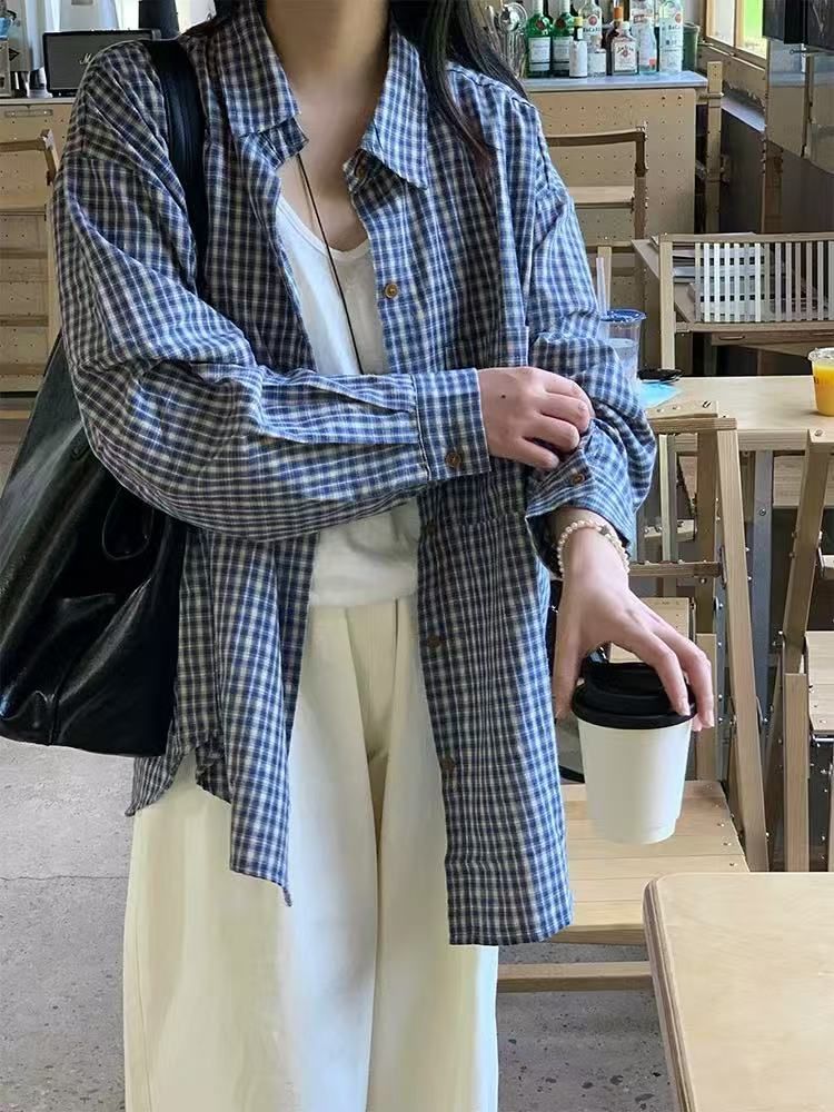 Japanese retro plaid long-sleeved shirt for women in spring and summer loose lazy style design casual shirt jacket