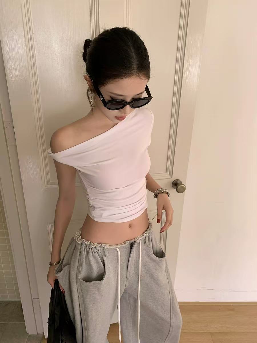 BULENG white oblique collar off-shoulder T-shirt for women 2025 summer new design slim short oblique top
