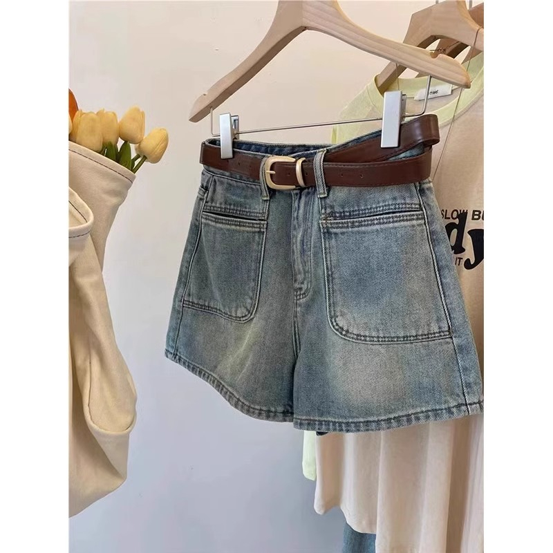 Pear-shaped body retro blue denim shorts for women in summer new style small high-waisted slim A-line wide-leg hot pants trendy