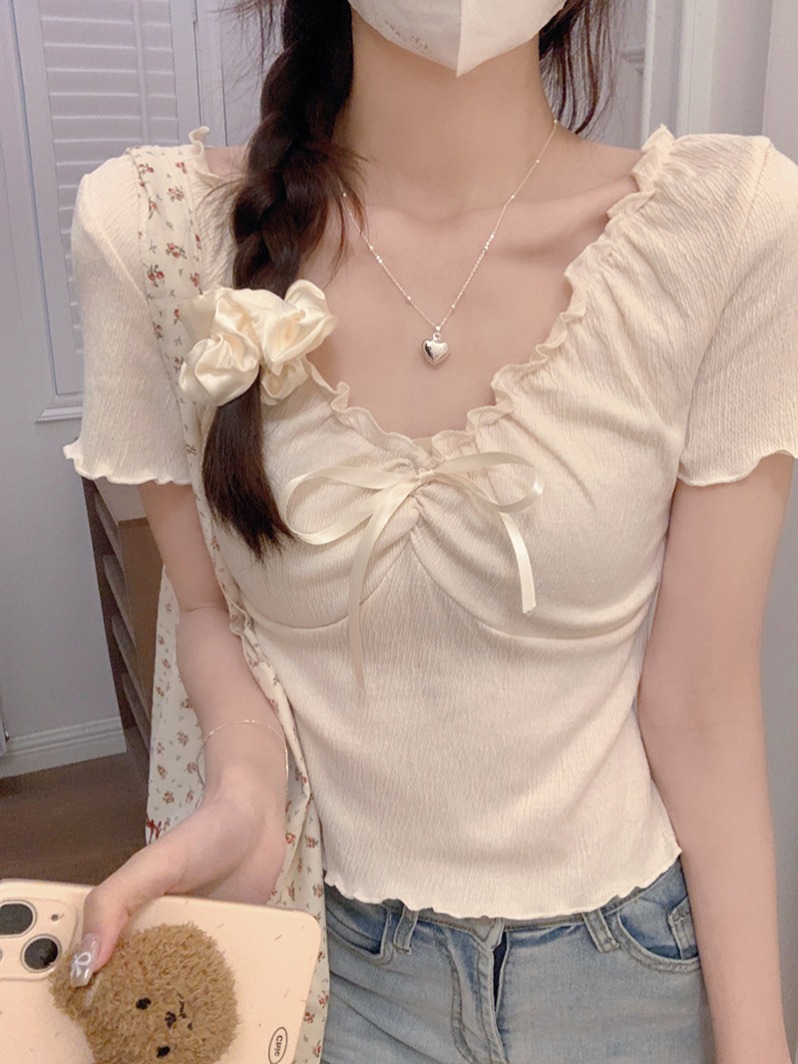 Real shot short-sleeved T-shirt summer 2025 Korean women's fashion lace-up solid color slim shoulder short lotus leaf collar top