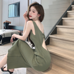 Real shot simple backless knitted dress for women in summer design slim sleeveless sexy hip vest long skirt
